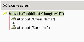 Expression affichant une sous-chane de longueur 1 sur l'attribut de prnom, combine  l'attribut de nom