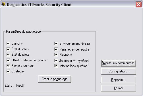 Endpoint Security Client DIagnostics screen