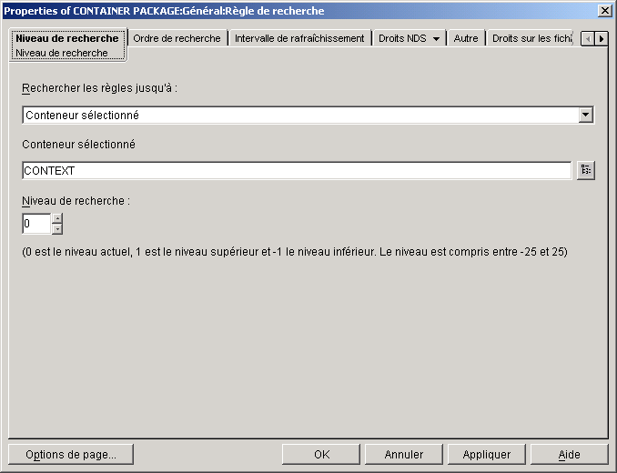 Capture d'�cran de la page Niveau de recherche de la bo�te de dialogue des propri�t�s de l'ensemble Conteneur