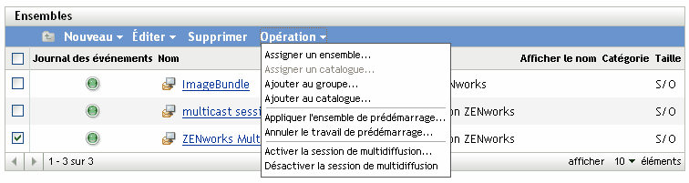 Options du menu Opération de l'onglet Ensembles