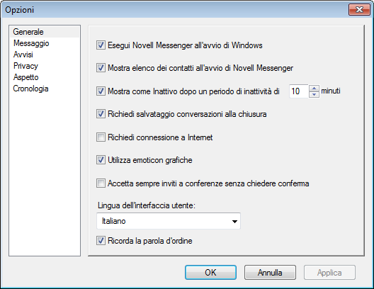 finestra di dialogo Opzioni di Messenger