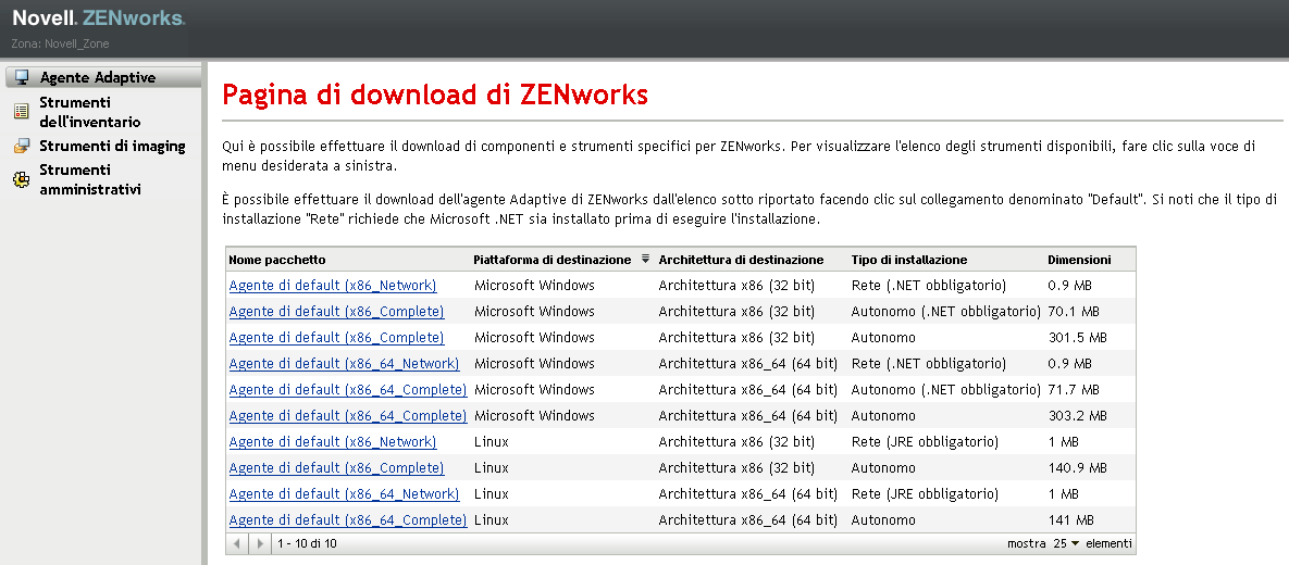 Pagina di download di ZENworks