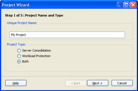 Project Wizardの［Step 1 of 5: Project Name and Type］ダイアログボックス