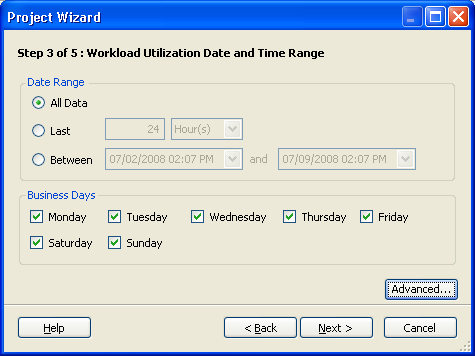 Project Wizardの［Step 3 of 5: Workload Utilization Date and Time Range］ダイアログボックス