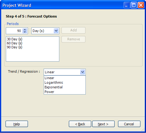 Project Wizardの［Step 4 of 5: Forecast Options］ダイアログボックス
