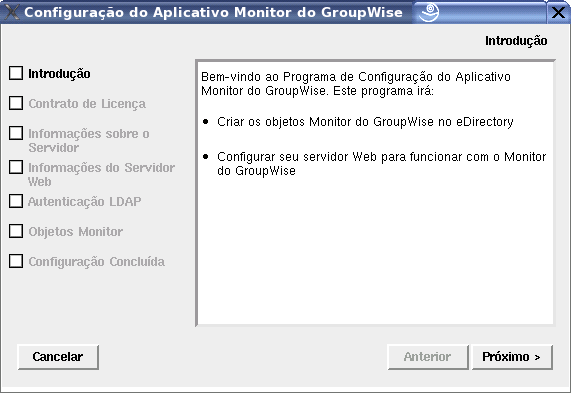 Página de configuração do Aplicativo Monitor