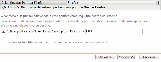 Página Requisitos de Sistema Padrão para Política do Mozilla Firefox