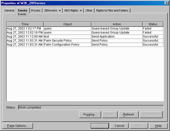 ZENworks Handheld Management service object's properties with the Events page displayed